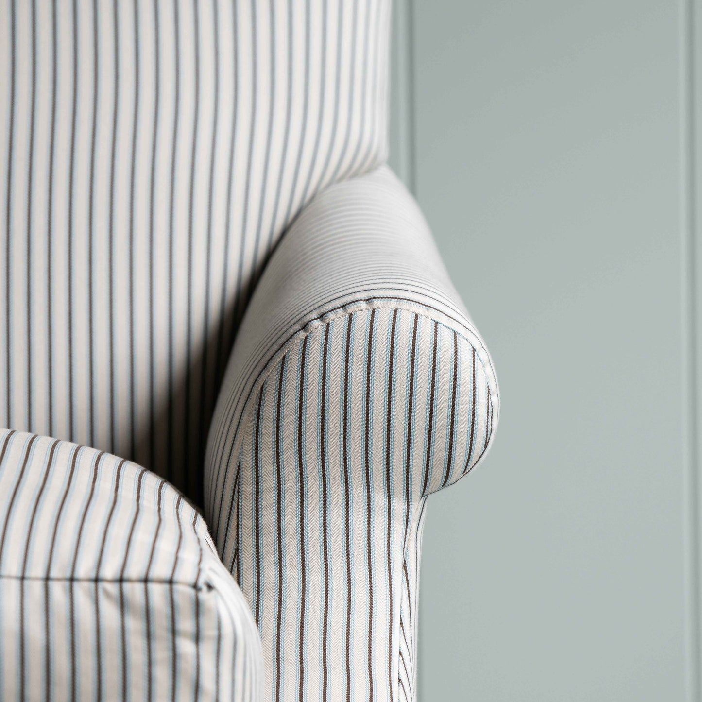 Arm Design Closeup of Dining Bench in Ticking Cotton Aqua Brown - Nicola Harding
