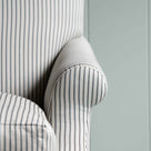  Arm Design Closeup of Dining Bench in Ticking Cotton Aqua Brown - Nicola Harding 