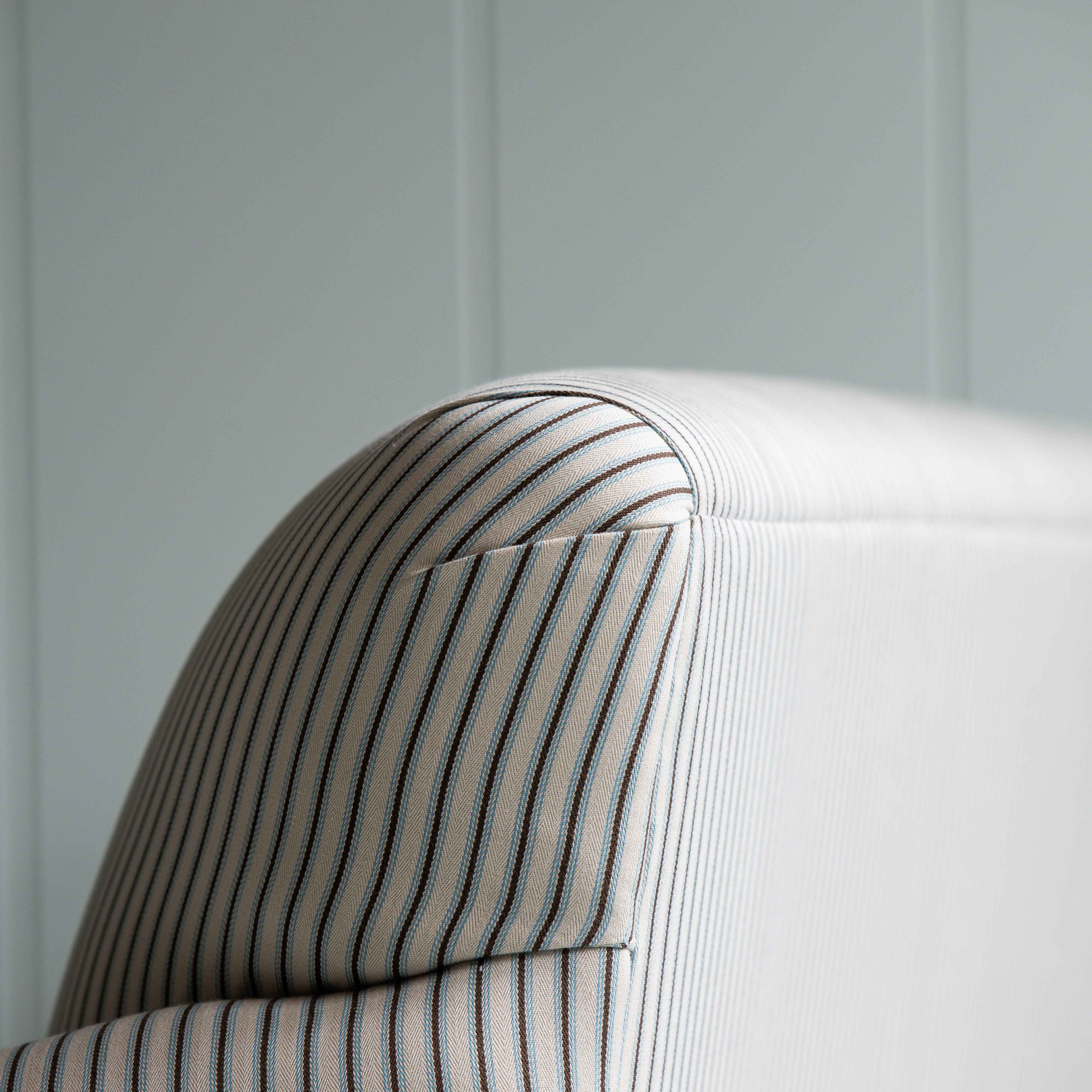  Design Closeup of Upholstered Dining Bench in Ticking Cotton Aqua Brown - Nicola Harding 