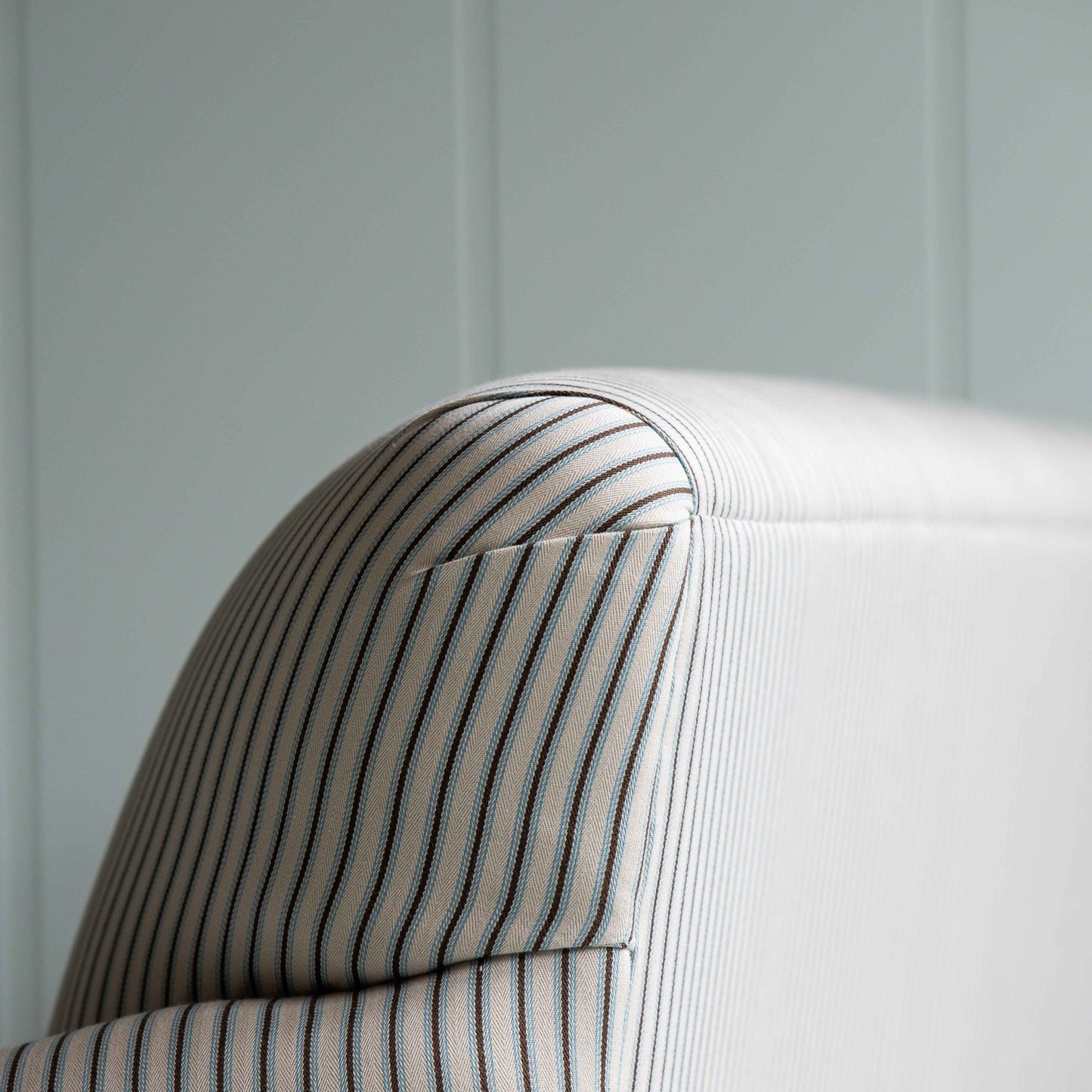 Design Closeup of Upholstered Dining Bench in Ticking Cotton Aqua Brown - Nicola Harding