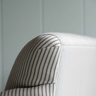  Design Closeup of Upholstered Dining Bench in Ticking Cotton Aqua Brown - Nicola Harding 