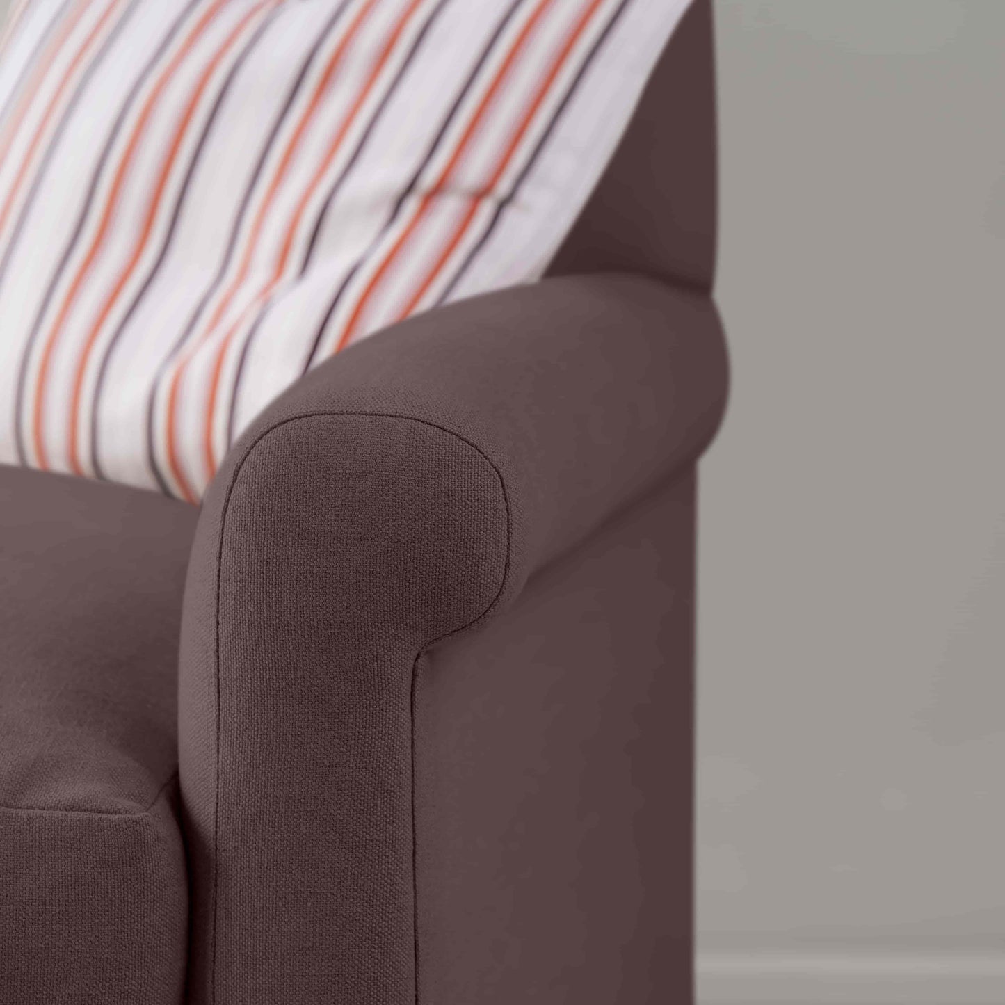 Idler Love Seat in Laidback Linen Damson Arm Closeup - Nicola Harding