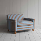  A chair with blue and white stripes and wooden legs. 