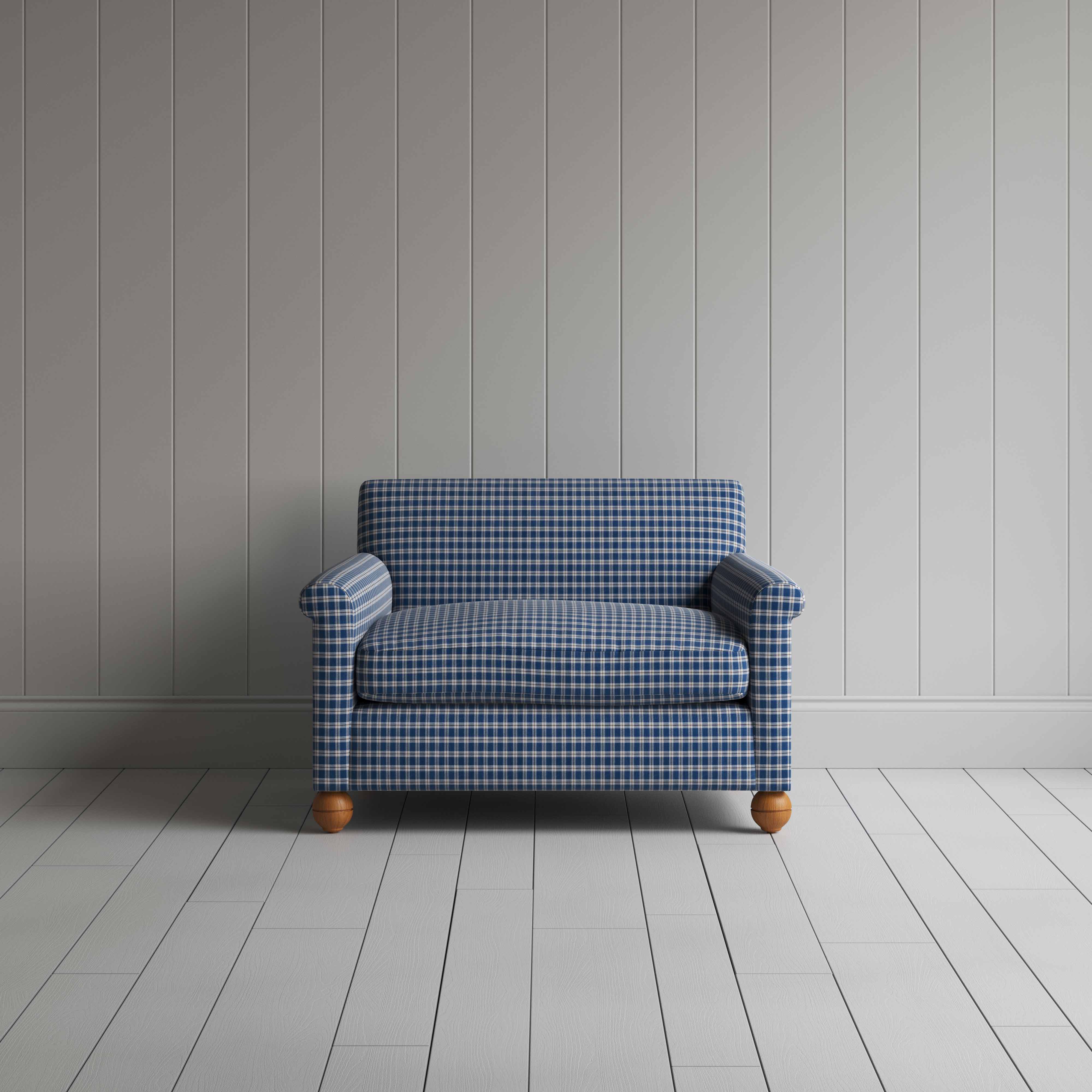  Idler Love Seat in Well Plaid Cotton, Blue Brown - Nicola Harding 