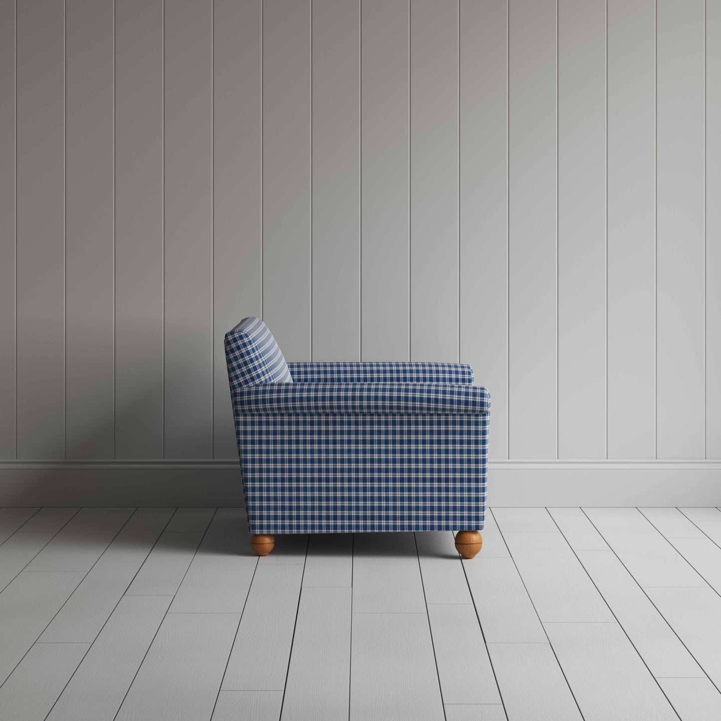 Idler Love Seat in Well Plaid Cotton, Blue Brown