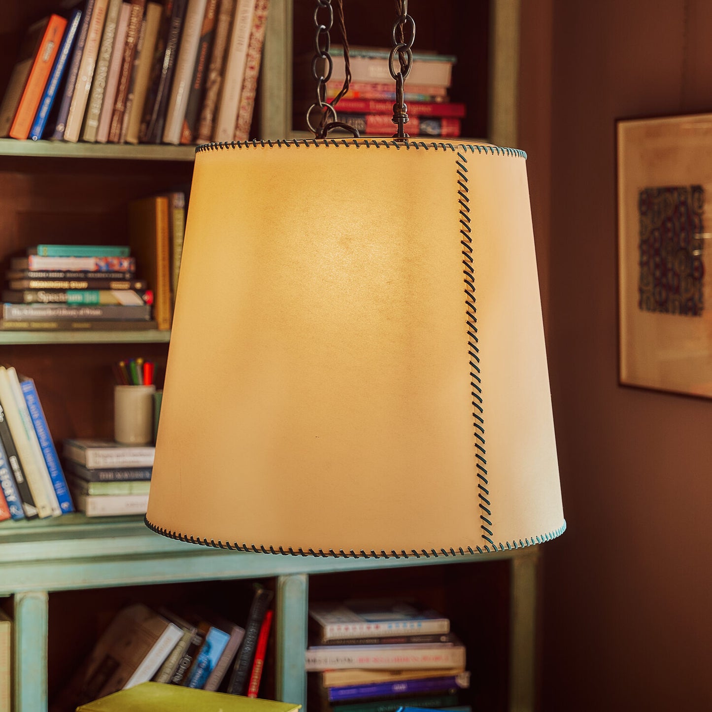 Large Rise Empire Lamp Shade in Natural Parchment with Peacock Blue Stitching