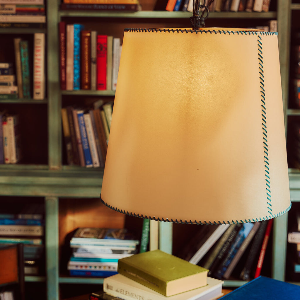  Large Rise Empire Lamp Shade in Natural Parchment with Peacock Blue Stitching 