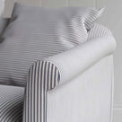  More the Merrier 4 Seater Sofa in Ticking Cotton, Blue Brown, Arm Design Closeup - NiX 