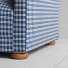  More the Merrier 4 Seater Sofa in Well Plaid Cotton, Blue Brown, Front View Round Wooden Foot Closeup -NiX 