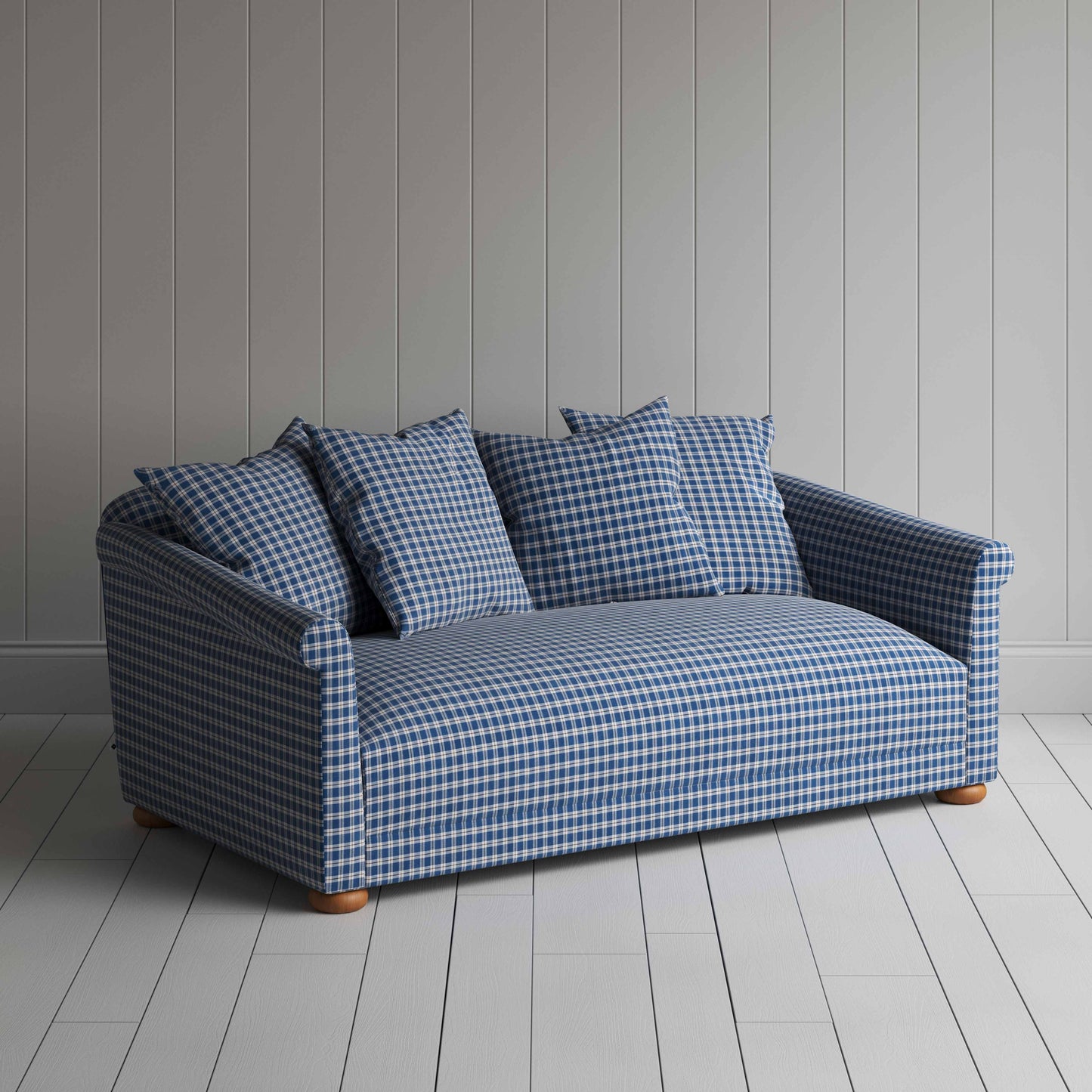 More the Merrier 3 Seater Sofa in Well Plaid Cotton, Blue Brown - Nicola Harding