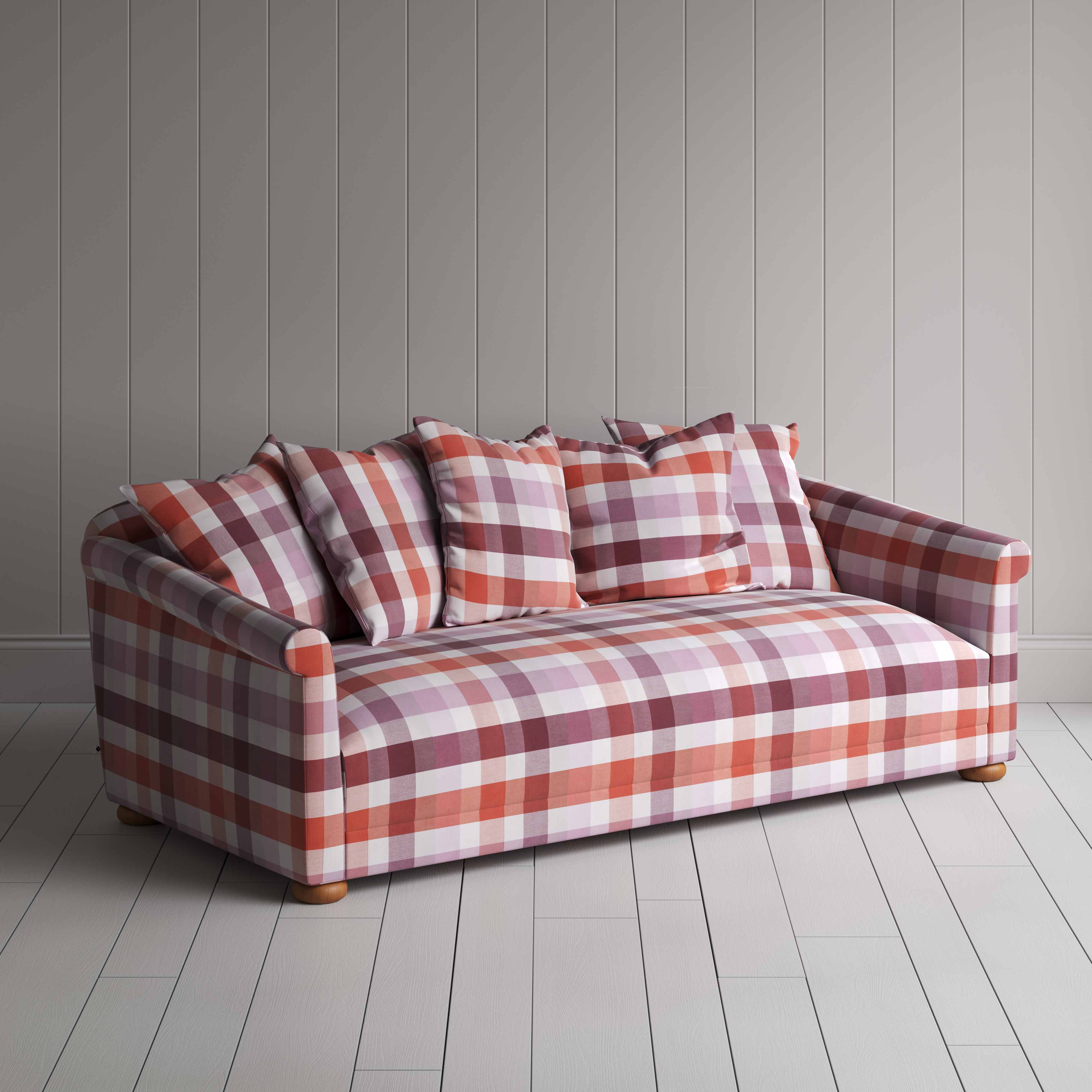  More the Merrier 4 Seater Sofa in Checkmate Cotton, Berry - Nicola Harding 