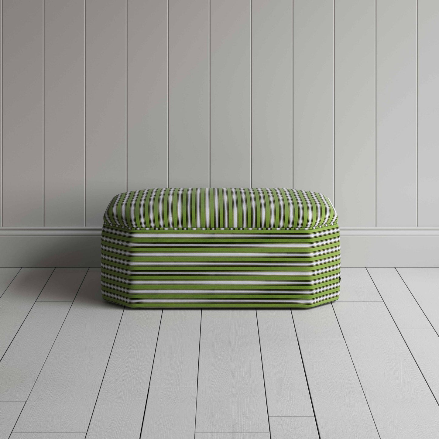 Add a touch of elegance with this green and white striped ottoman, a chic addition to your home decor.