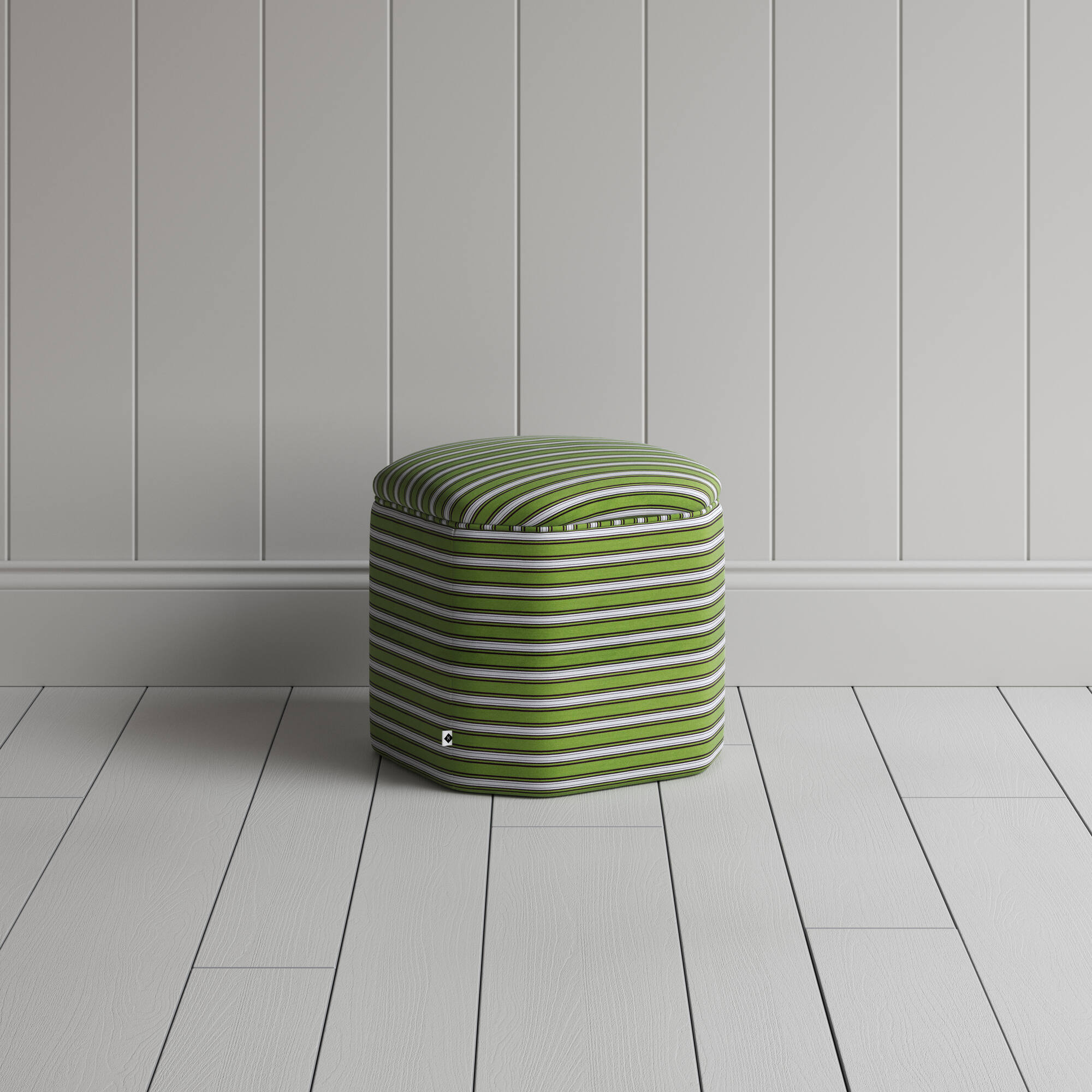  Showcasing a white and green stripped ottoman. 