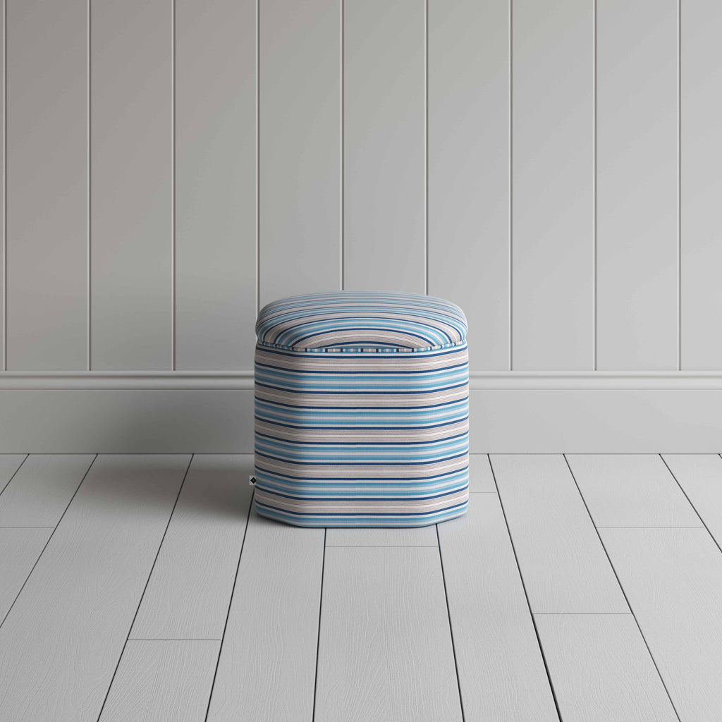  Thither Hexagonal Ottoman in Slow Lane Cotton Linen, Blue - NiX 