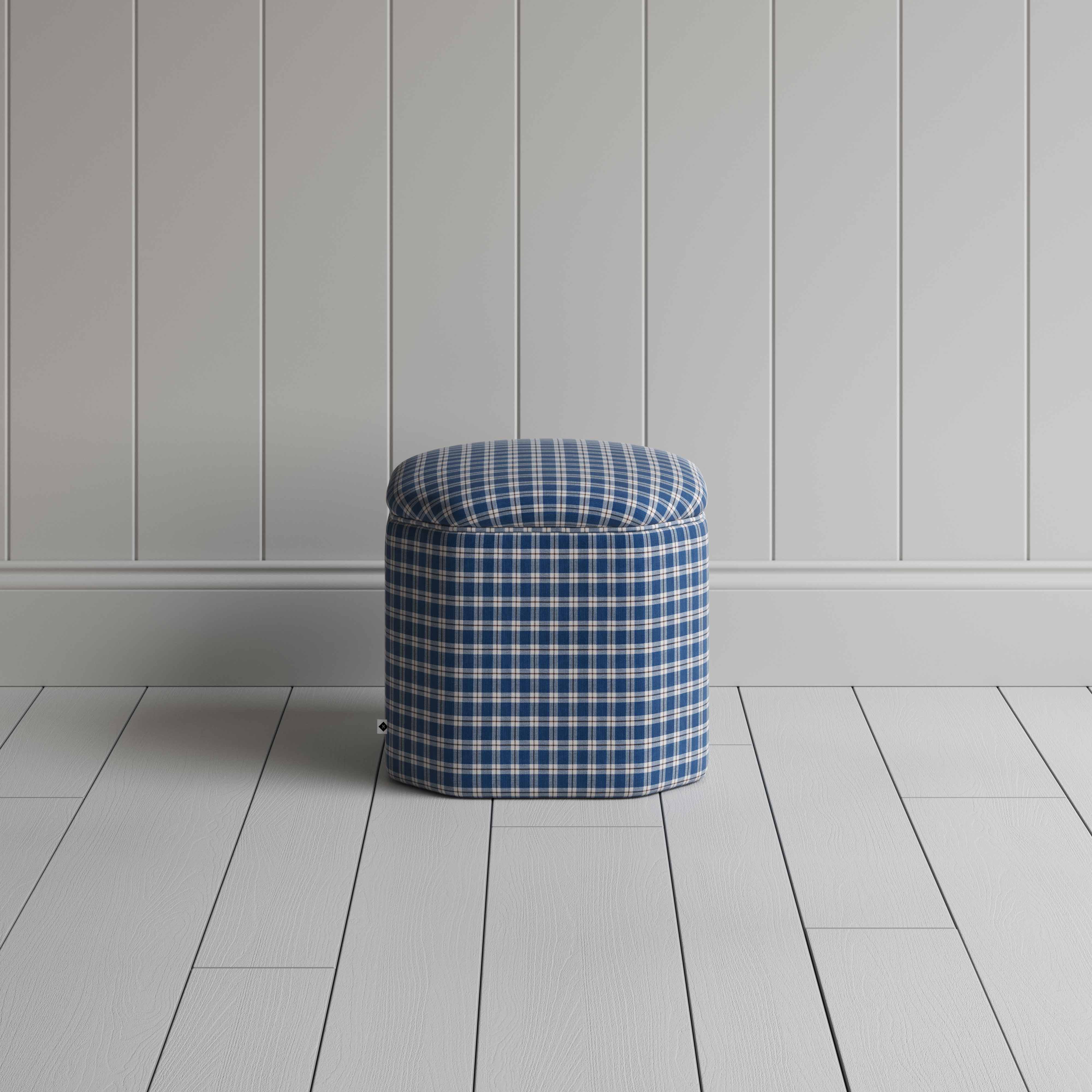  Thither Hexagonal Ottoman in Well Plaid Cotton, Blue Brown - NiX 