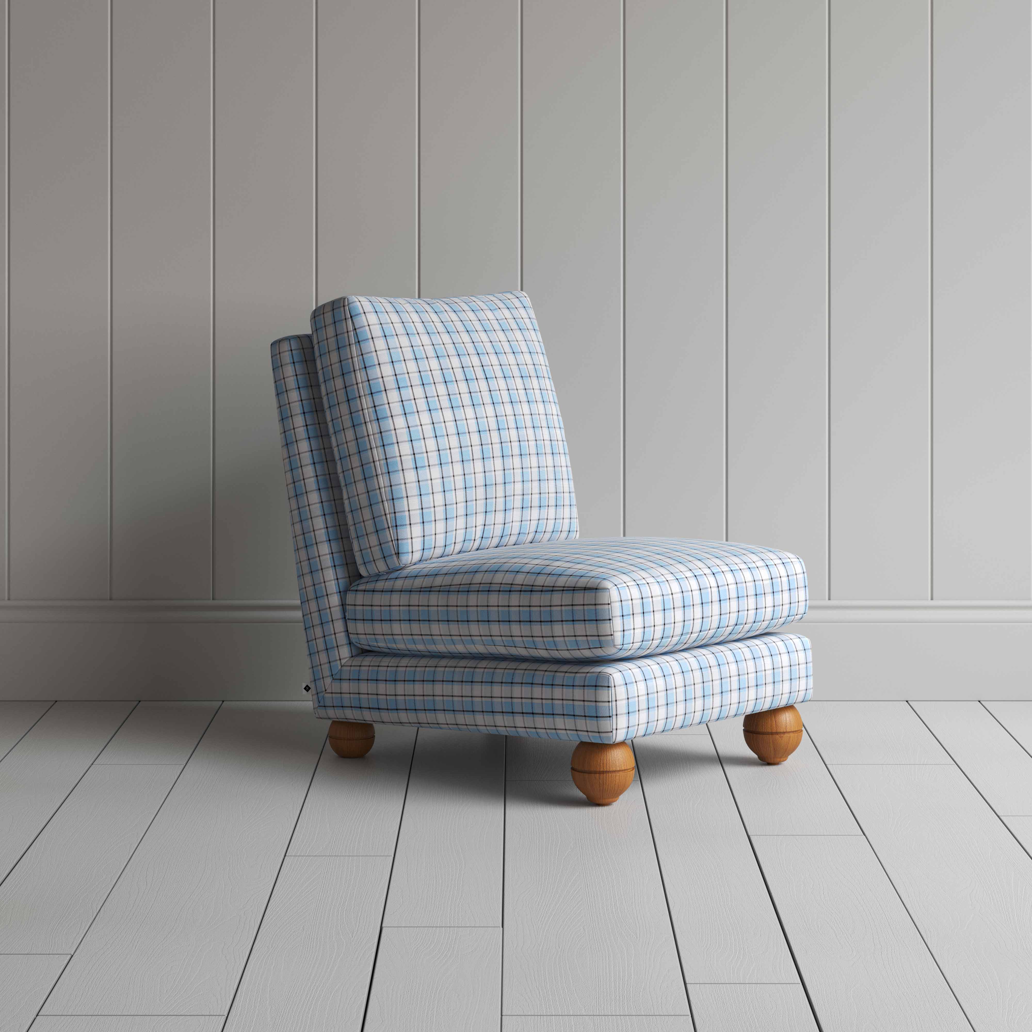  Perch Slipper Armchair in Square Deal Cotton, Blue Brown 