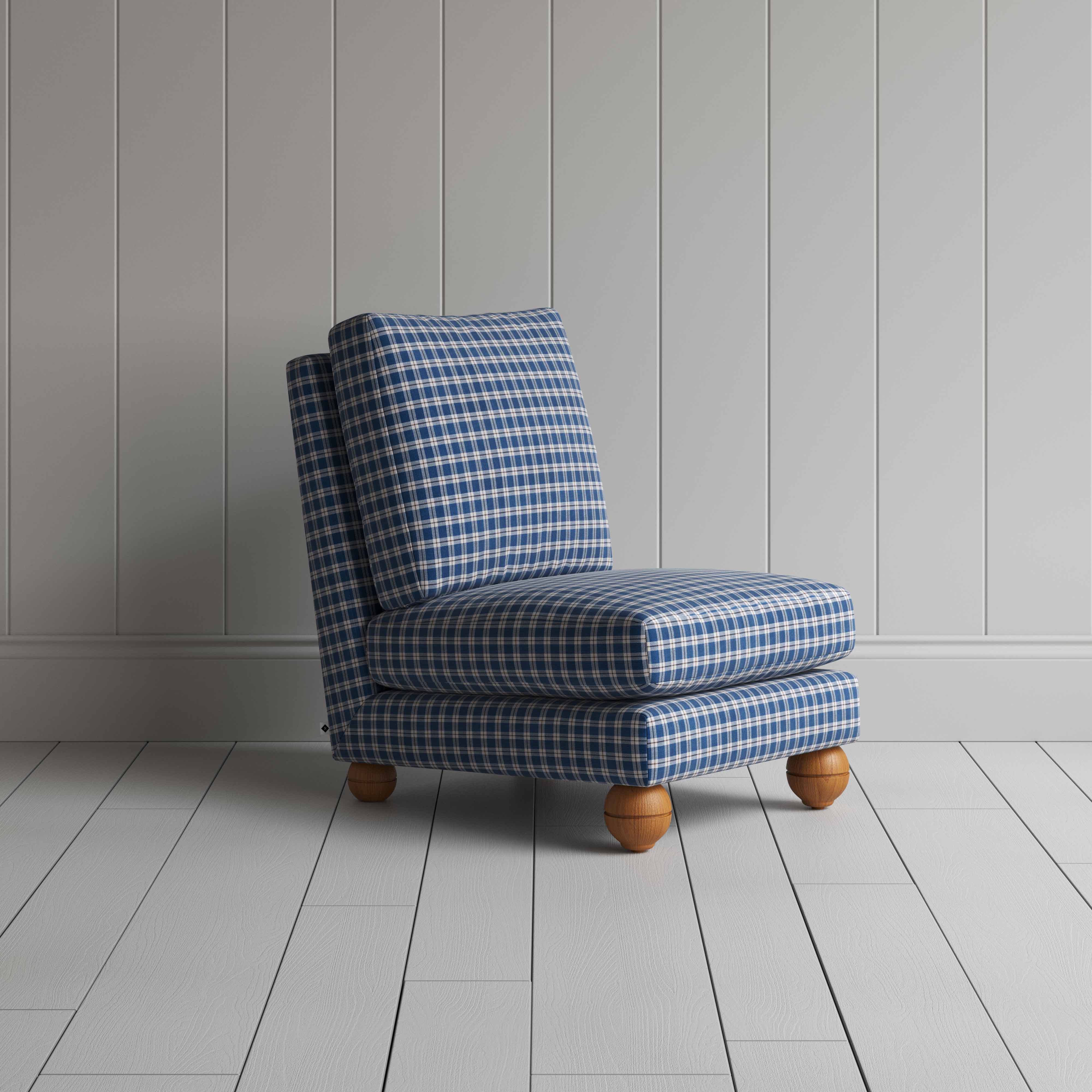  Perch Slipper Armchair in Well Plaid Cotton, Blue Brown 