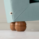  Perch Slipper Armchair in Intelligent Velvet Mineral. Back Side Wooden Foot Closeup With NiX Special tag. 