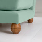  Perch Slipper Armchair in Intelligent Velvet Sea Mist. Front Side Round Wooden Foot and Design Finishing Closeup - NiX 