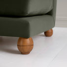  Perch Slipper Armchair in Intelligent Velvet Seaweed, Front Wooden Foot Closeup - NiX 
