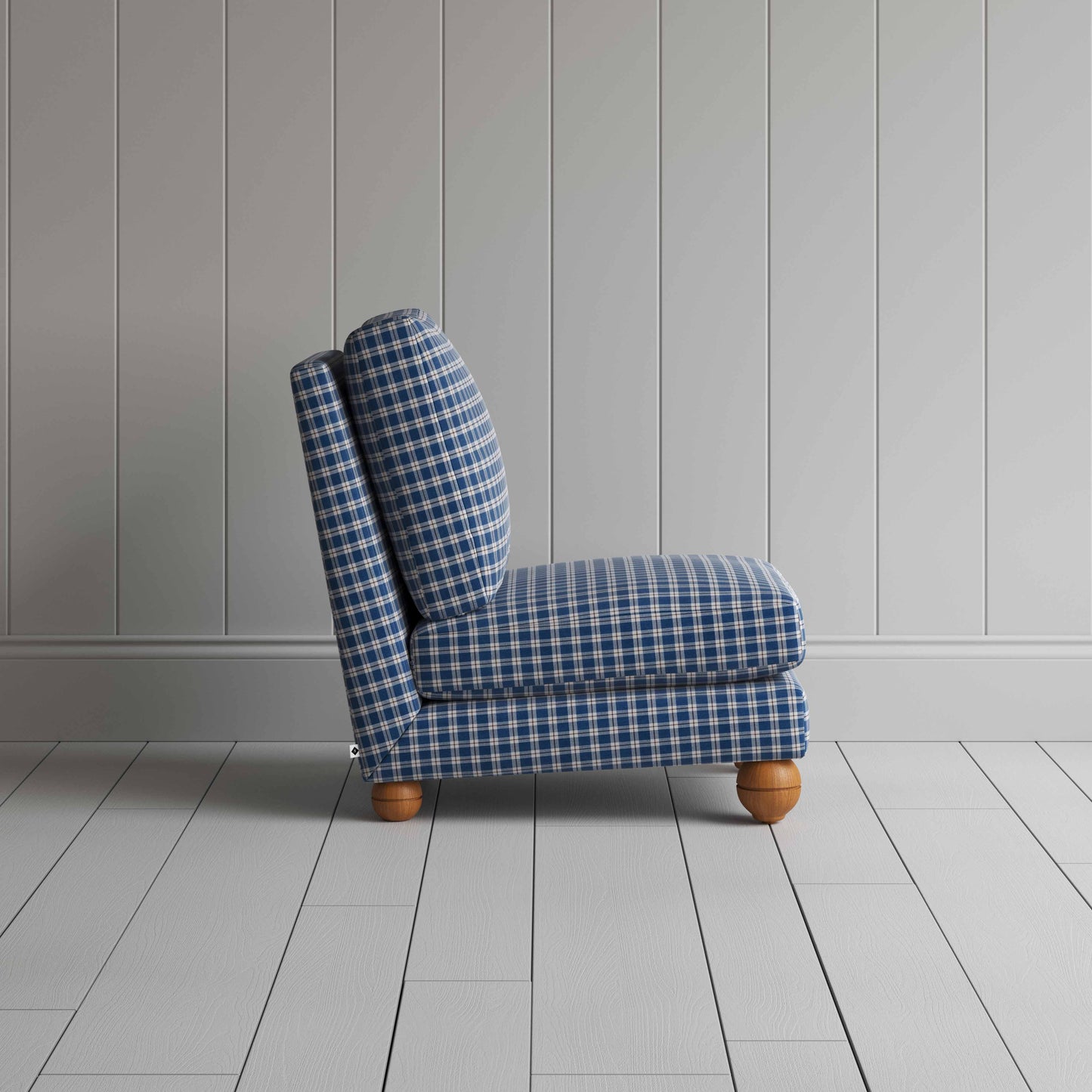 Perch Slipper Armchair in Well Plaid Cotton, Blue Brown