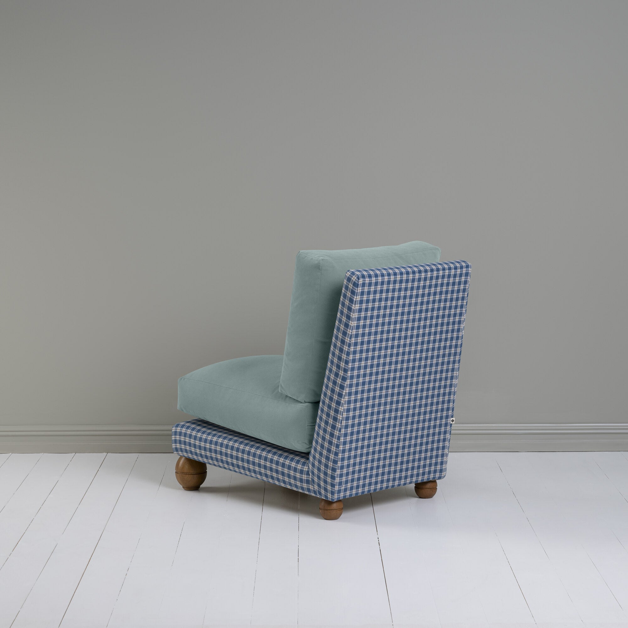  Perch Slipper Armchair in Well Plaid Frame and Intelligent Velvet Mineral Seat Back View - NiX 