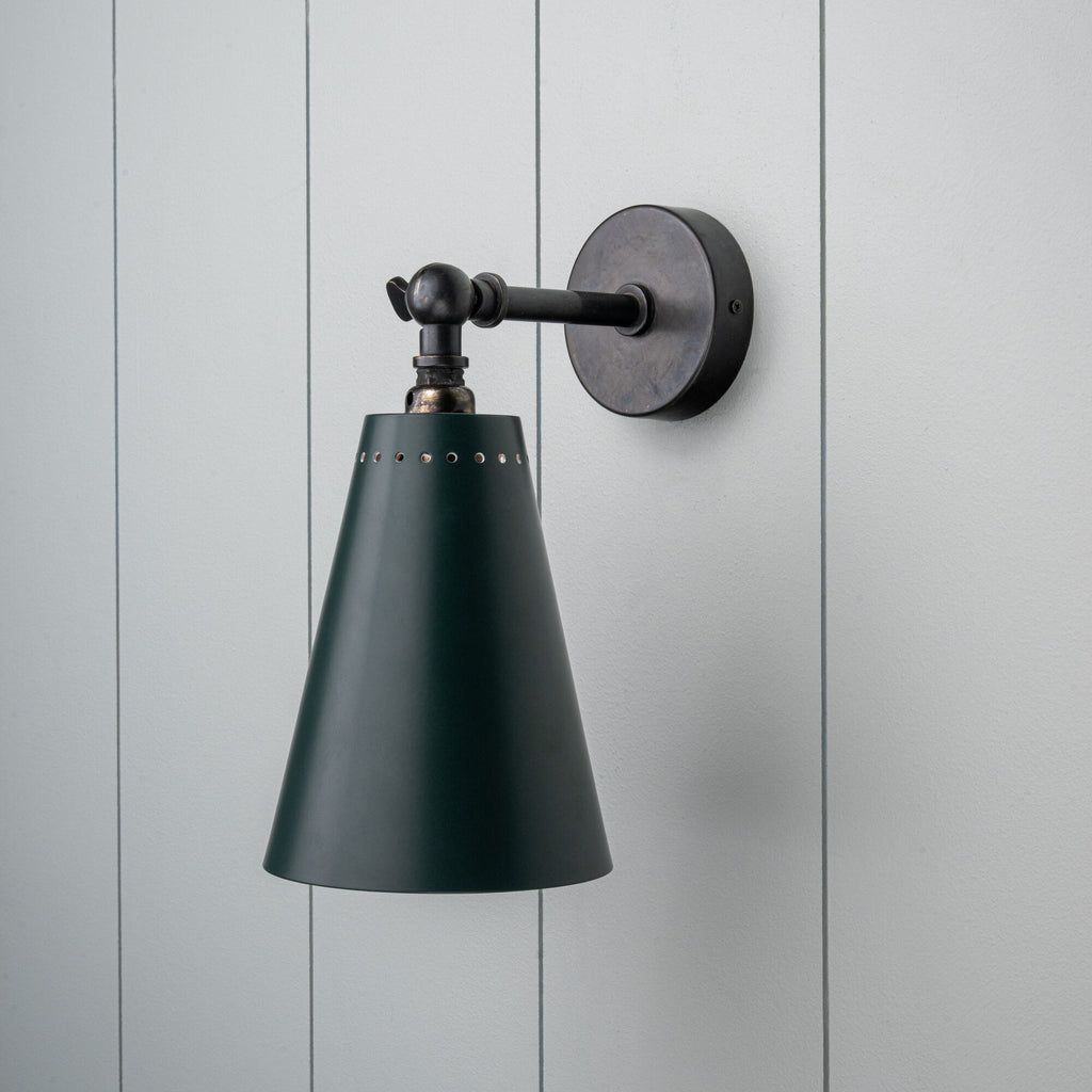  Waxed Brass Wall Light with Green Lampshade 