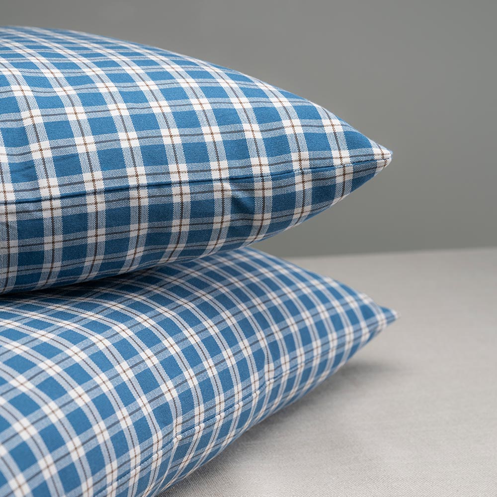  Rectangle Lollop Cushion in Well Plaid Cotton, Blue Brown 