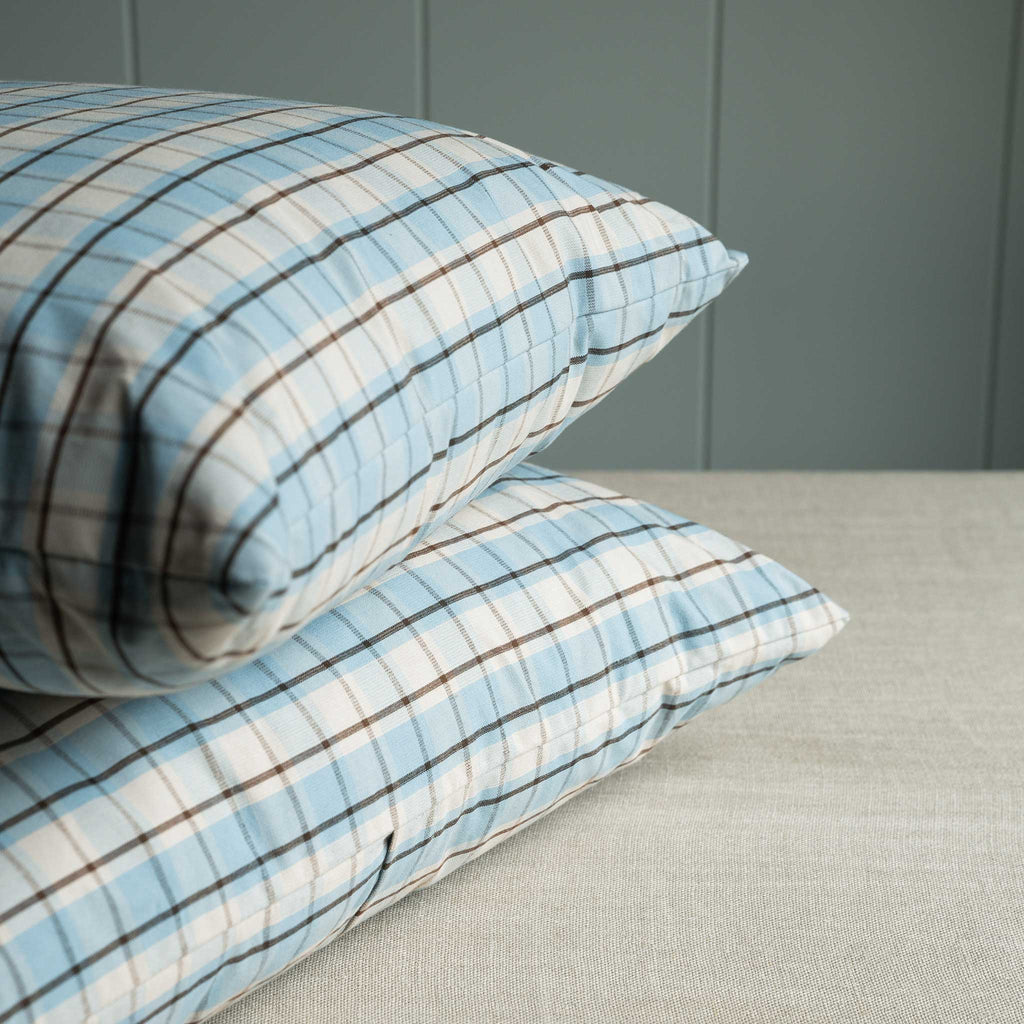  Pair of pillows featuring blue and white plaid design. 