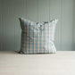 A blue and white plaid pillow adding a touch of pattern