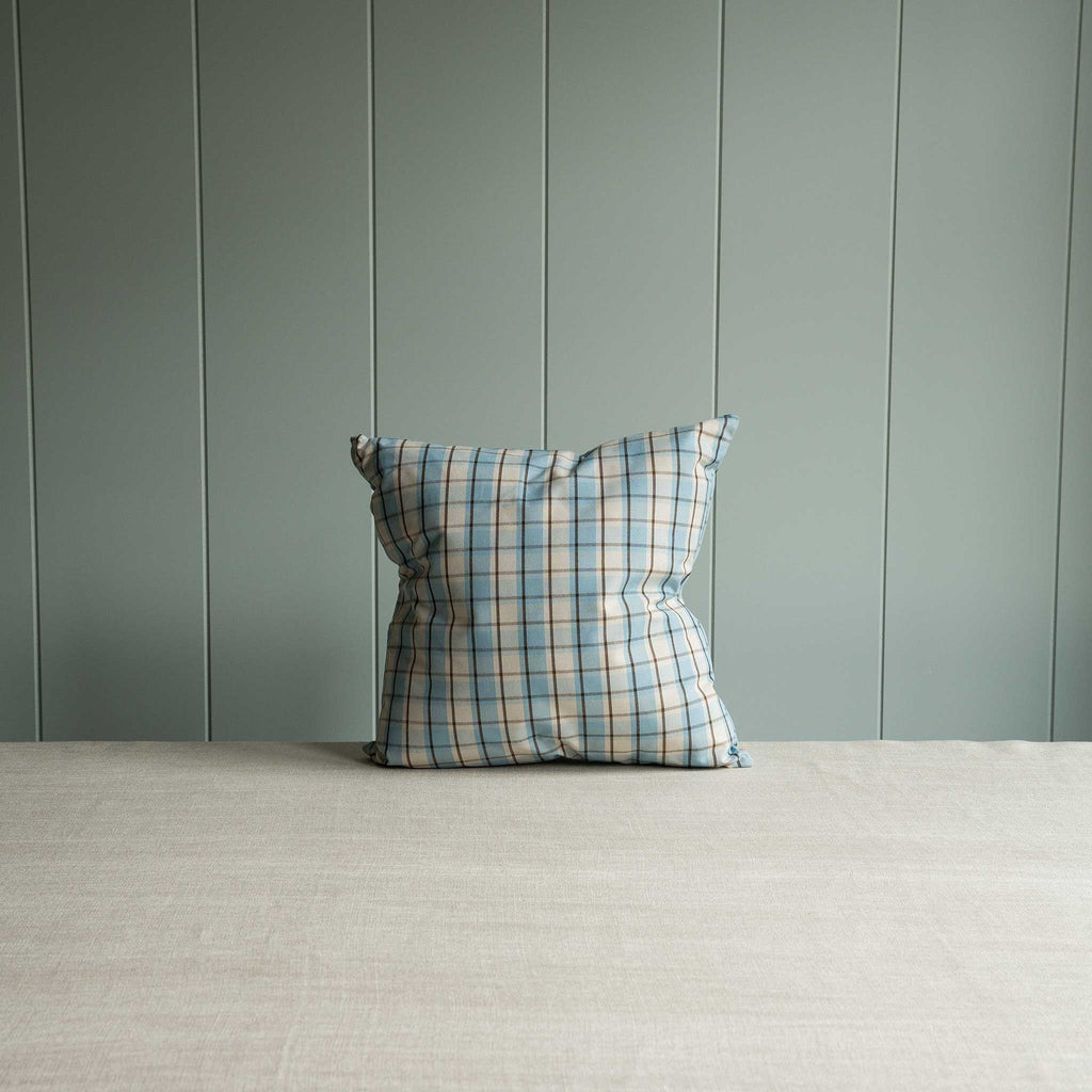  Decorative pillow featuring blue and white plaid design. 