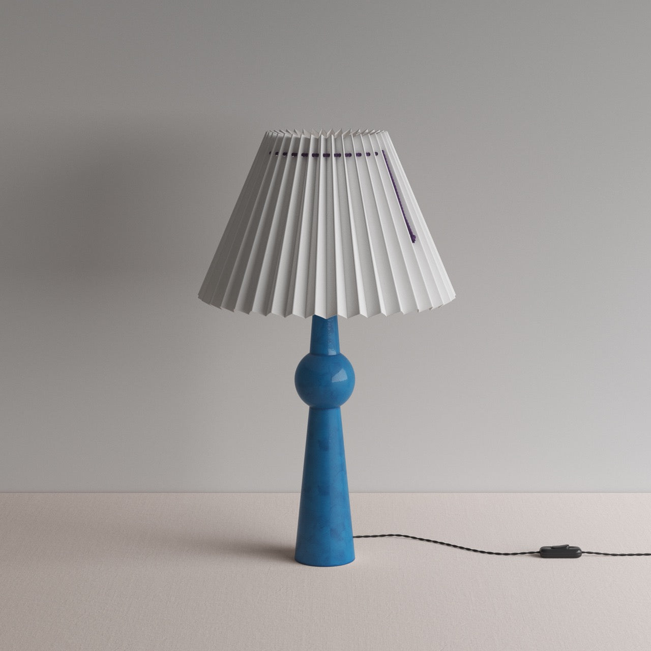  Comet Ceramic Table Lamp Base in Blue, With Sunburst Concertina Natural Pleat Lamp Shade with Blackberry Cord - Nicola Harding 