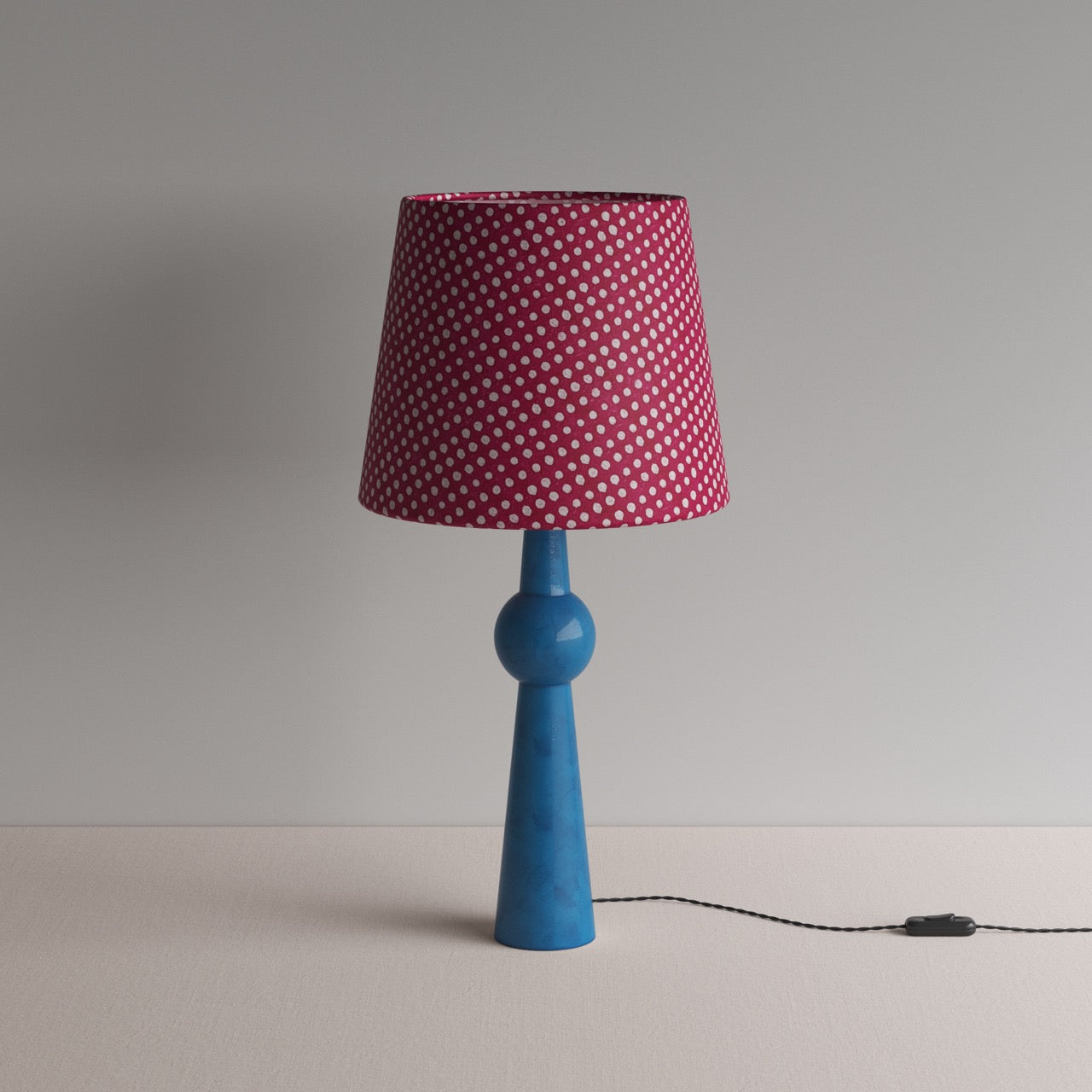  Comet Ceramic Table Lamp Base in Blue, With Humbug Straight Empire Batik Paper Lamp Shade in Dotty Maroon - Nicola Harding 