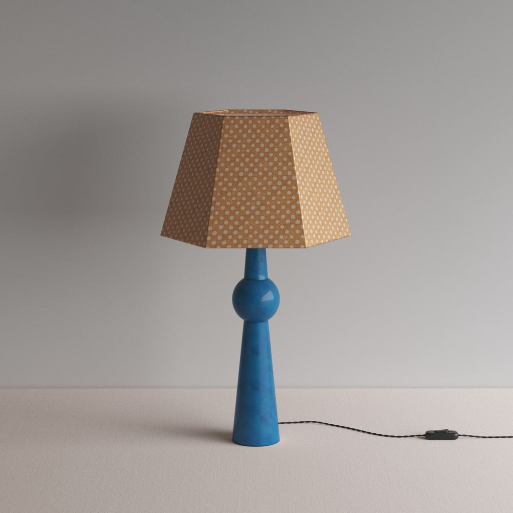  Comet Ceramic Table Lamp Base in Blue, With Townhouse Hexagonal Lamp Shade in Dotty Tan - Nicola Harding 