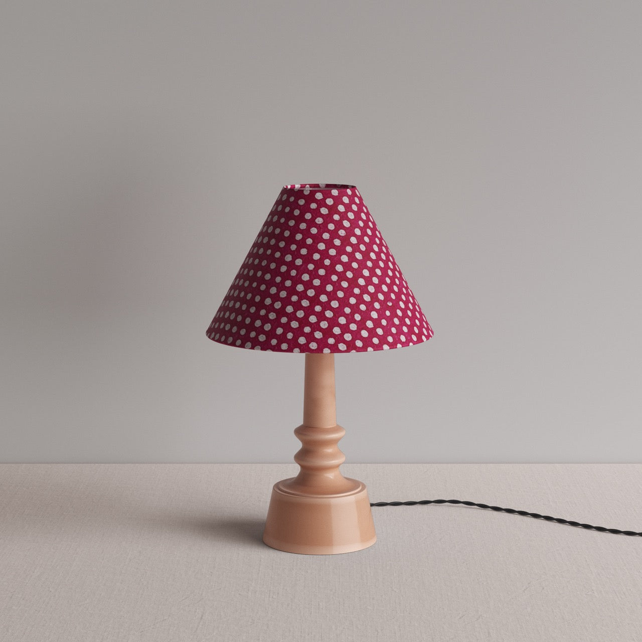  Ditsy Ceramic Table Lamp Base in Blush Pink, With Ditsy Classic Empire Lamp Shade in Dotty Maroon - By NiX 