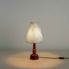  Ditsy Ceramic Table Lamp Base in Damson Pink, With Ditsy Tall Tapered Lamp Shade in Dotty Sky Blue, With Lights ON - Nicola Harding 