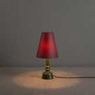  Ditsy Ceramic Table Lamp Base in Olive Green, With Focused Empire Paper Lamp Shade in Burgundy with Muted Pink Trim With Lights 'ON' - Nicola Harding 