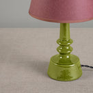  Ditsy Ceramic Table Lamp Base in Olive Green, Base Closeup With Focused Empire Paper Lamp Shade in Burgundy with Muted Pink Trim - Nicola Harding 