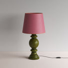  Hourglass Ceramic Table Lamp Base in Green, With Humbug Straight Empire Paper Lampshade in Burgundy Paper with Pink Trim - NiX By Nicola Harding & Co. 
