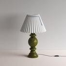  Hourglass Ceramic Table Lamp Base in Green, With Sunburst Concertina Natural Pleat Lamp Shade with Blue Cord - NiX By Nicola Harding & Co. 