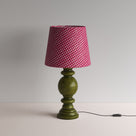  Hourglass Ceramic Table Lamp Base in Green, With Humbug Straight Empire Batik Paper Lamp Shade in Dotty Maroon - NiX By Nicola Harding & Co. 