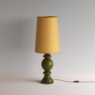  Hourglass Ceramic Table Lamp Base in Green, With Whimsical Tall Straight Empire Lamp Shade in Mustard with Antiqued Gold Trim - NiX By Nicola Harding & Co. 
