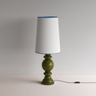  Hourglass Ceramic Table Lamp Base in Green, With Whimsical Tall Straight Empire Lamp Shade in Soft White with Peacock Blue Trim - NiX By Nicola Harding & Co. 
