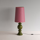  Hourglass Ceramic Table Lamp Base in Green, With Whimsical Tall Straight Empire Lamp Shade in Burgundy - NiX By Nicola Harding & Co. 