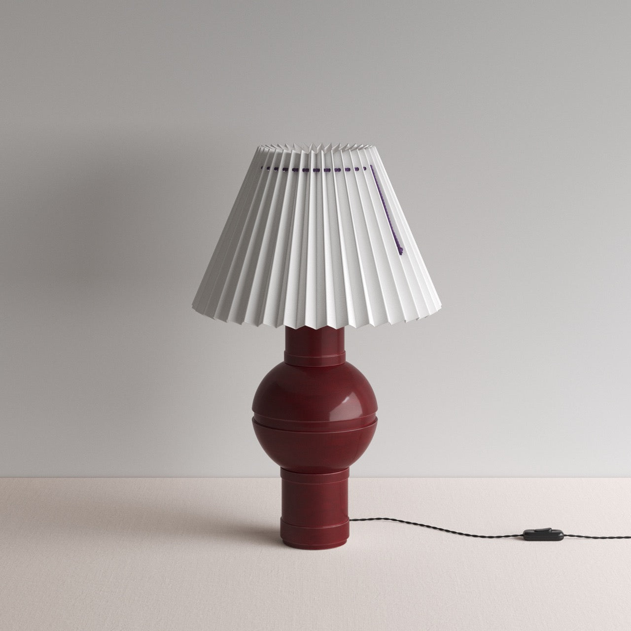 Orb Ceramic Table Lamp Base in Red, With Sunburst Concertina Natural Pleat Lamp Shade with Blackberry Cord - Nicola Harding