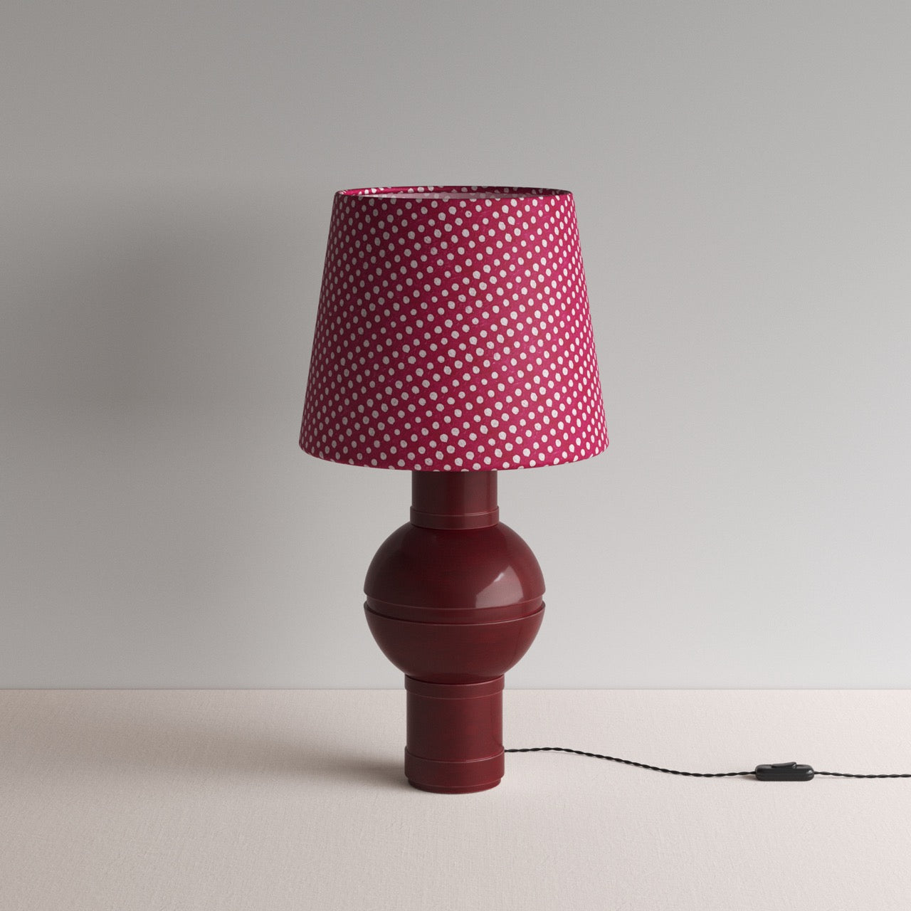  Orb Ceramic Table Lamp Base in Red, With Humbug Straight Empire Batik Paper Lamp Shade in Dotty Maroon - Nicola Harding 