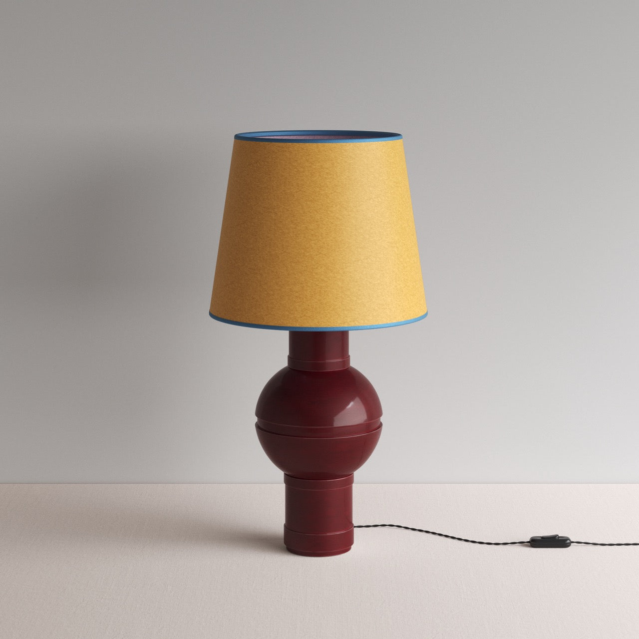  Orb Ceramic Table Lamp Base in Red, With Humbug Straight Empire Paper Lamp Shade in Mustard with Blue Trim - Nicola Harding 