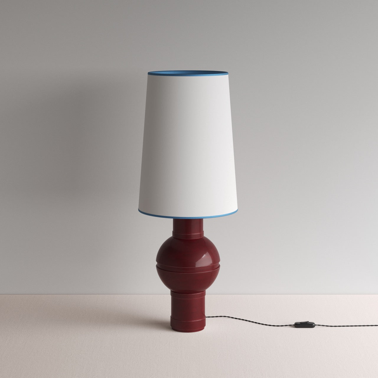  Orb Ceramic Table Lamp Base in Red, With Whimsical Tall Straight Empire Lamp Shade in Soft White with Peacock Blue Trim - Nicola Harding 