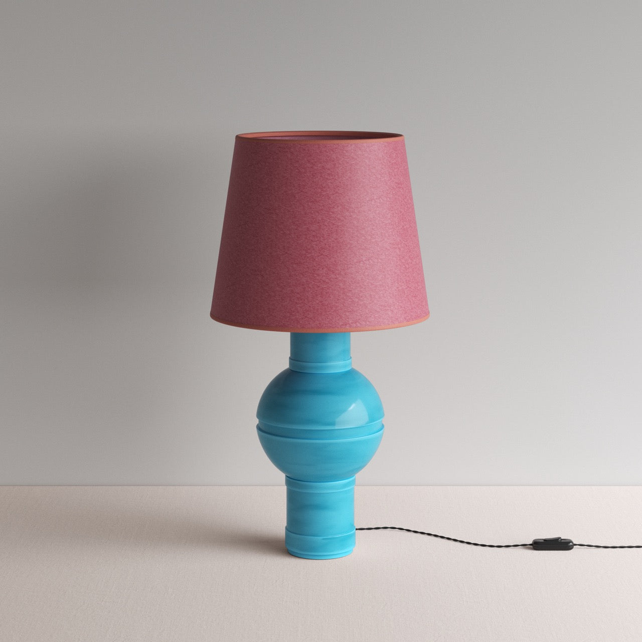  Orb Ceramic Table Lamp Base in Turquoise, With Humbug Straight Empire Paper Lampshade in Burgundy Paper with Pink Trim - Nicola Harding 