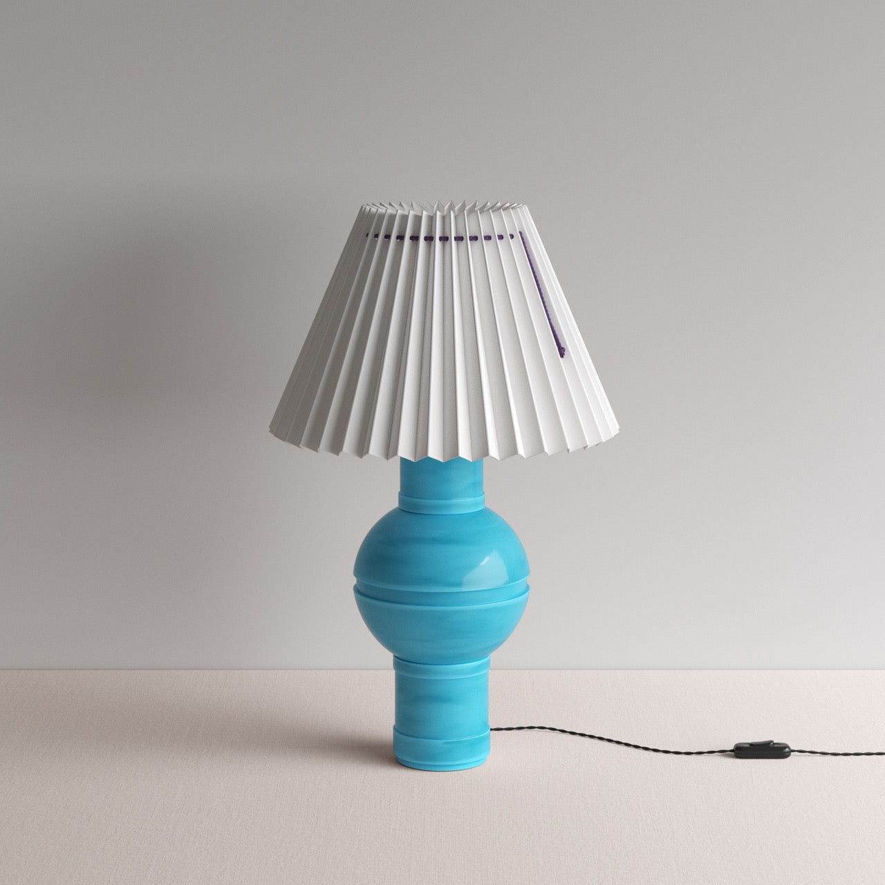 Orb Ceramic Table Lamp Base in Turquoise, With Sunburst Concertina Natural Pleat Lamp Shade with Blackberry Cord - Nicola Harding